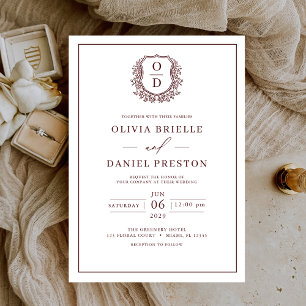 Burgundy Leafy Crest Monogram Elegant Wedding Invitation