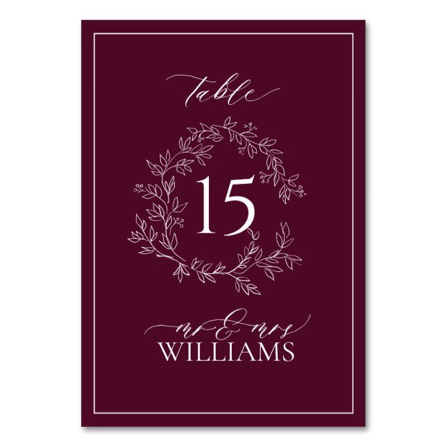Burgundy Leafy Crest Monogram Floral Wedding Table Number (Front)