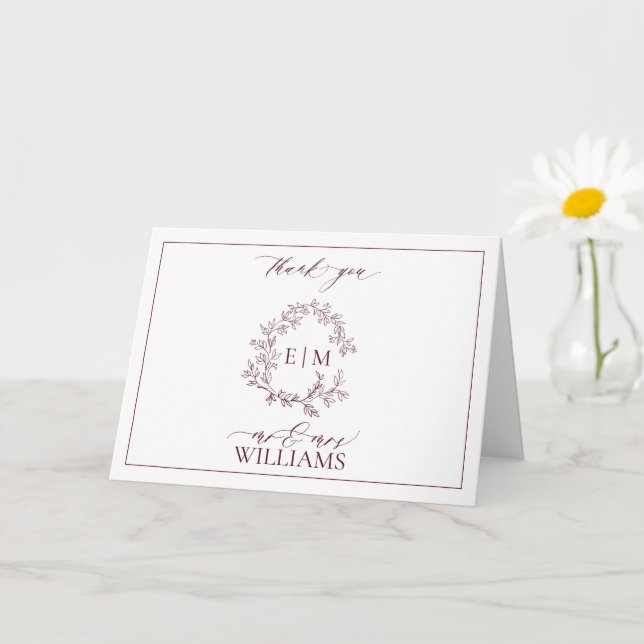 Burgundy Leafy Crest Monogram Photo Thank You Card (Small Plant)