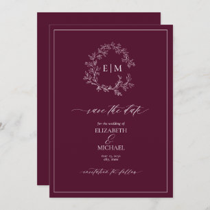 Burgundy Leafy Crest Monogram Save the Date Invitation