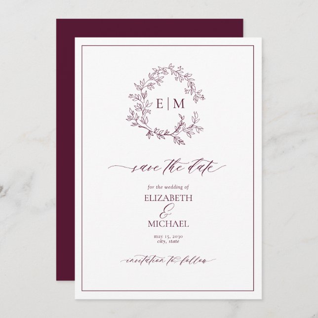 Burgundy Leafy Crest Monogram Save the Date Invitation (Front/Back)