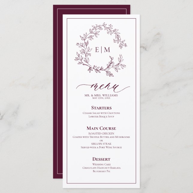Burgundy Leafy Crest Monogram Wedding Menu (Front/Back)