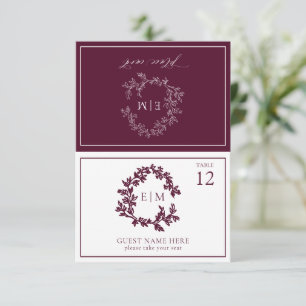 Burgundy Leafy Crest Monogram Wedding Place Card