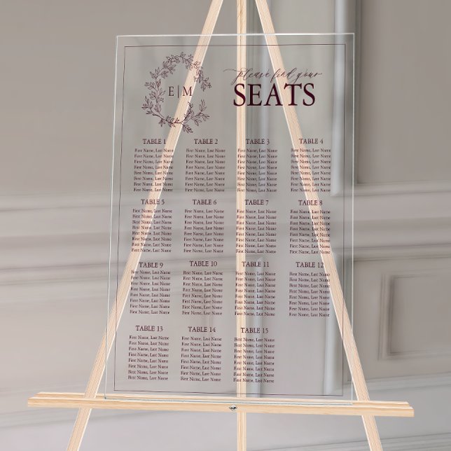 Burgundy Leafy Crest Monogram Wedding Seating Acrylic Sign (Wedding Seating Chart!
)