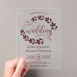 Burgundy Leaves Elegant Modern Script Wedding Acrylic Invitations
