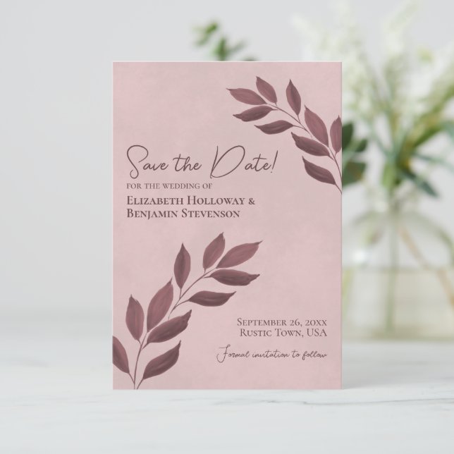 Burgundy Leaves on Dusty Rose Elegant Wedding Save The Date (Standing Front)