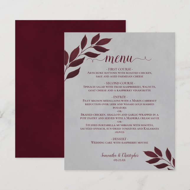 Burgundy Leaves on Grey Budget Wedding Menu (Front/Back)