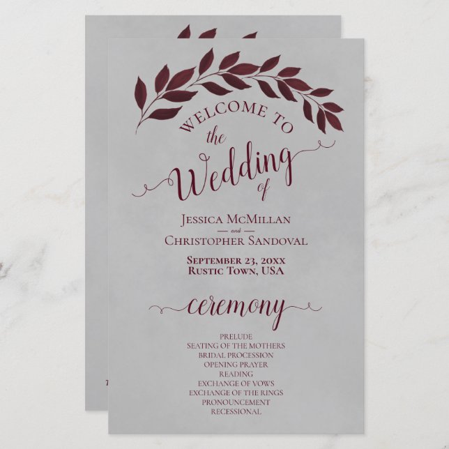 Burgundy Leaves on Grey Budget Wedding Program (Front/Back)