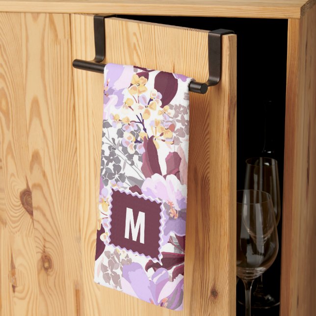 Burgundy Leaves Purple Floral Pattern | Monogram Tea Towel (Thirds Fold)