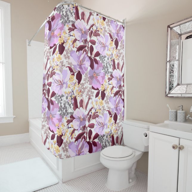 Burgundy Leaves Purple Floral Pattern  Shower Curtain (In Situ)