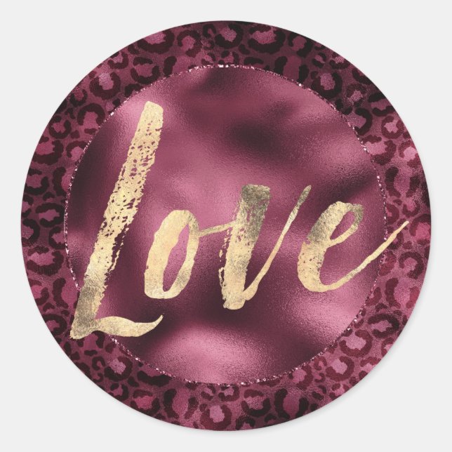 Burgundy Leopard Print Gold Love Classic Round Sticker (Front)