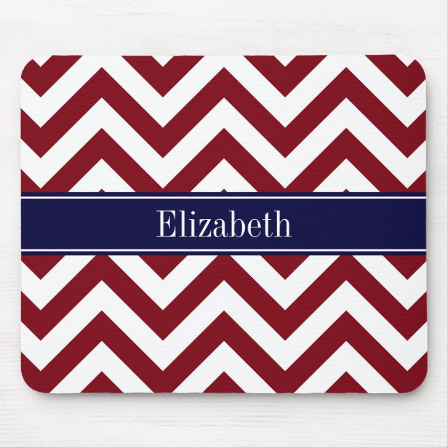 Burgundy Lg Chevron Navy Blue Name Monogram Mouse Mat (Front)