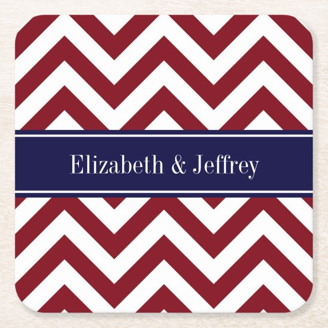 Burgundy Lg Chevron Navy Blue Name Monogram Square Paper Coaster (Front)