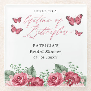 Burgundy Lifetime of Butterflies Bridal Shower Glass Coaster