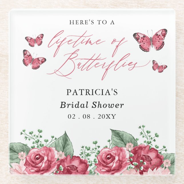 Burgundy Lifetime of Butterflies Bridal Shower Glass Coaster (Front)