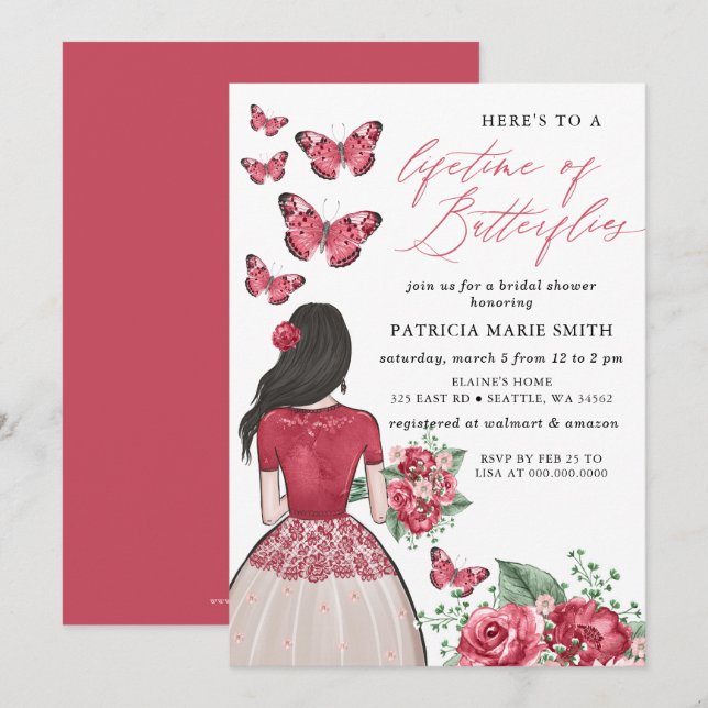 Burgundy Lifetime of Butterflies Bridal Shower Invitation (Front/Back)