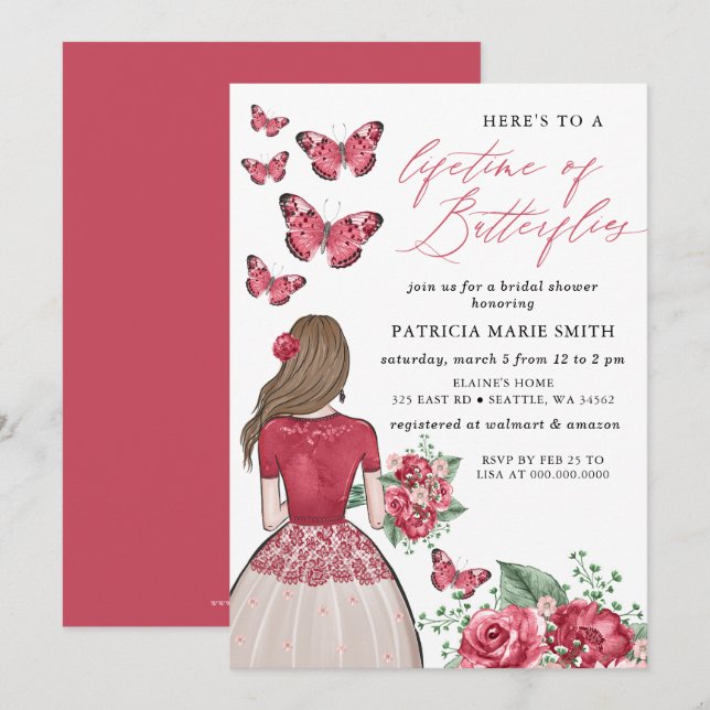 Burgundy Lifetime of Butterflies Bridal Shower Invitation (Front/Back)