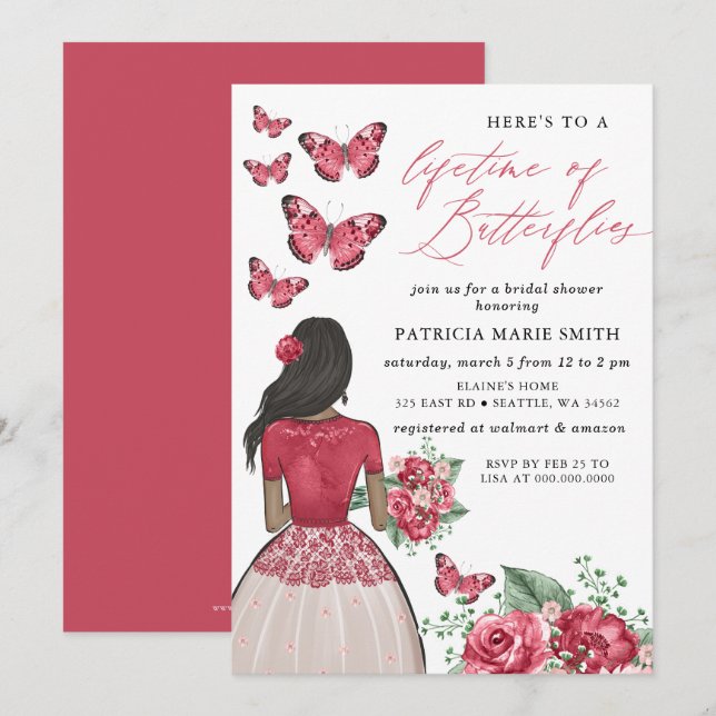 Burgundy Lifetime of Butterflies Bridal Shower Invitation (Front/Back)