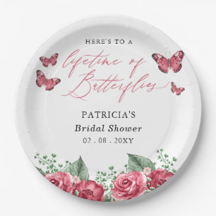 Burgundy Lifetime of Butterflies Bridal Shower Paper Plate
