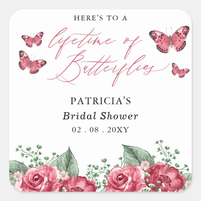 Burgundy Lifetime of Butterflies Bridal Shower Square Sticker (Front)