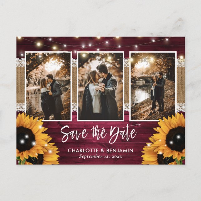 Burgundy Lights Sunflower 3 Photo Save The Date Announcement Postcard (Front)