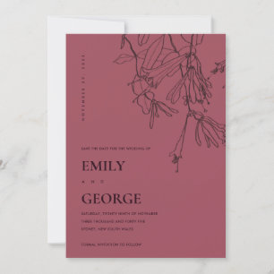 BURGUNDY LINE DRAWING FLORAL SAVE THE DATE CARD