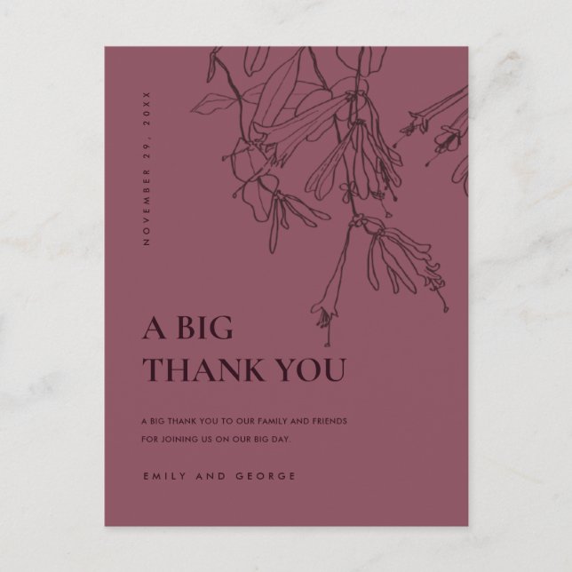 BURGUNDY LINE DRAWING FLORAL WEDDING THANK YOU ANNOUNCEMENT POSTCARD (Front)