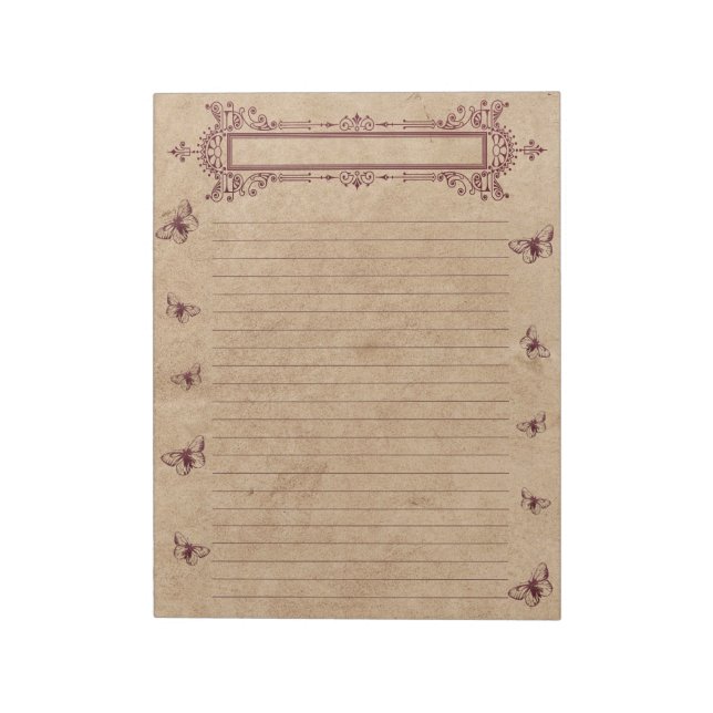 Burgundy Lines Butterfly Border Rustic Parchment Notepad (Rotated)