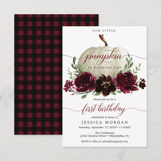 Burgundy Little Pumpkin First Birthday Invitation (Front/Back)