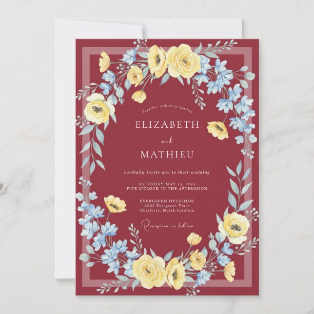 Burgundy Lively Spring Wedding Invitation (Front)