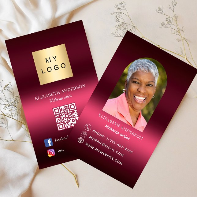 Burgundy logo photo arch Qr social media premium Business Card (Creator Uploaded)