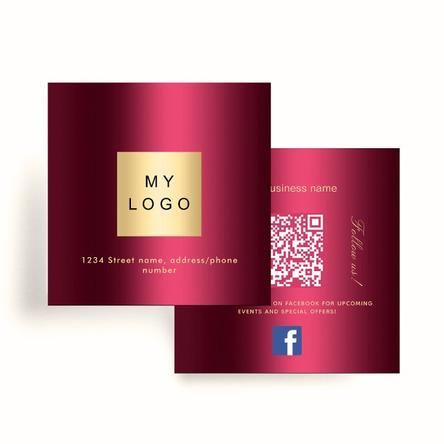 Burgundy logo QR code Facebook follow us Square Business Card (Creator Uploaded)