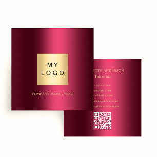 Burgundy logo QR code social media icons premium Square Business Card