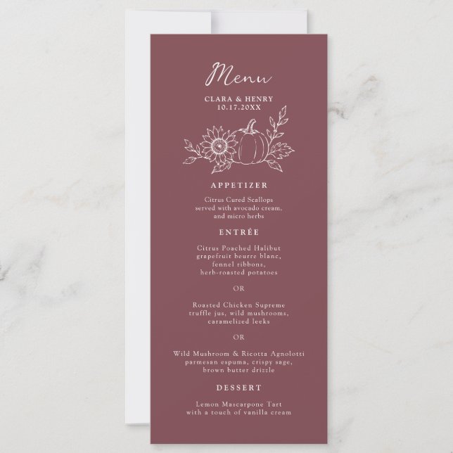 Burgundy Long Tea Length Pumpkin Wedding Menu Card (Front)