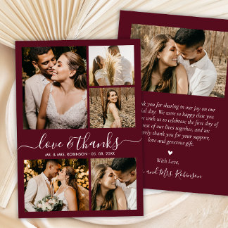 Burgundy Love and Thanks Photo Collage Wedding Thank You Card