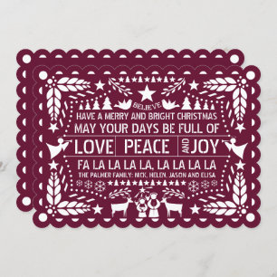 Burgundy Love Peace Joy papel picado Christmas Holiday Card