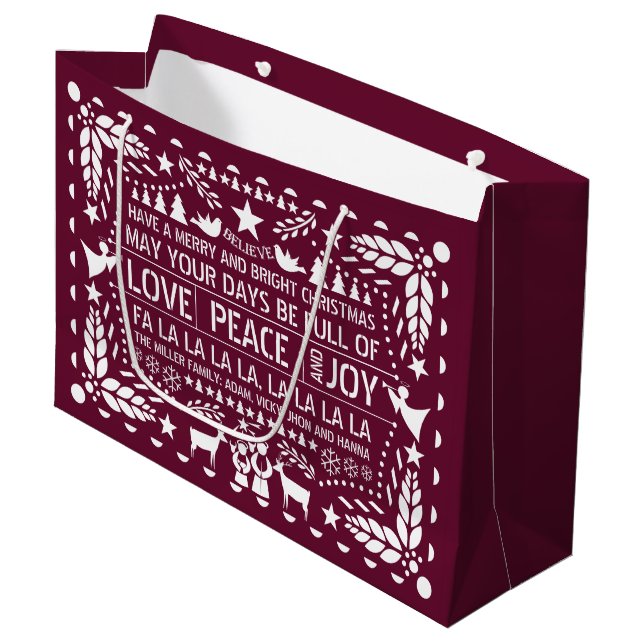 Burgundy Love Peace Joy papel picado Christmas Large Gift Bag (Front Angled)