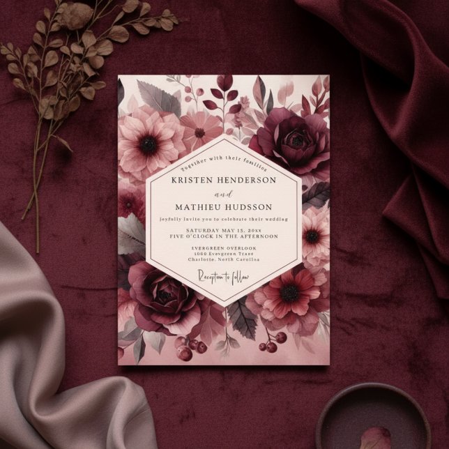 Burgundy Lush Bloom Romance Wedding Invitation (Creator Uploaded)