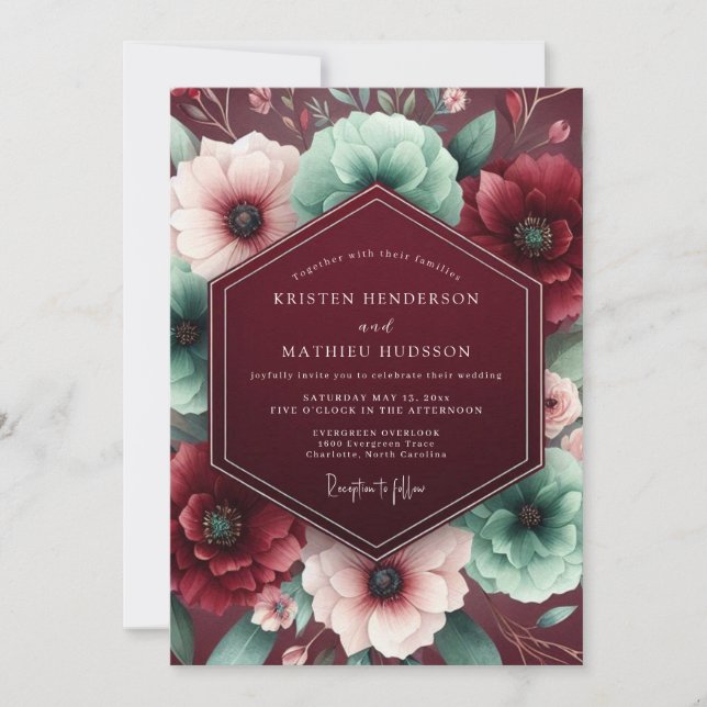 Burgundy Lush Floral Wedding Invitation (Front)