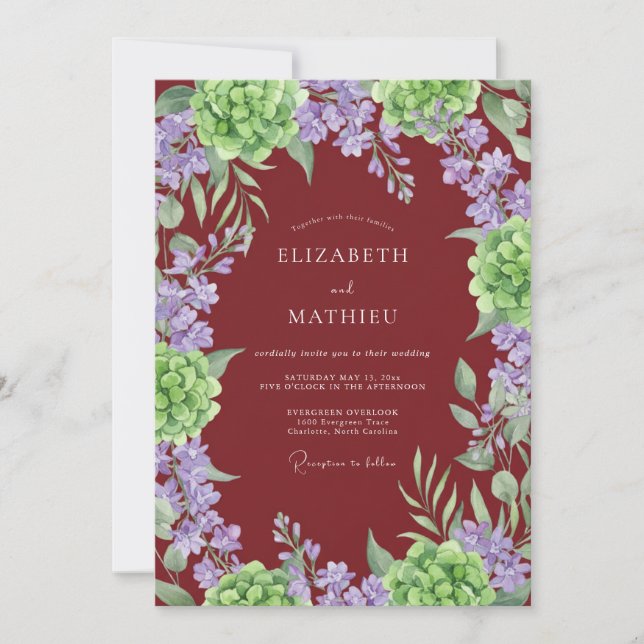 Burgundy Lush Hydrangea Wedding Invitation (Front)