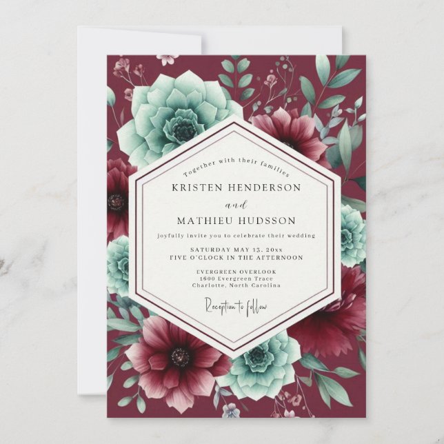 Burgundy Lush Succulent Wedding Invitation (Front)