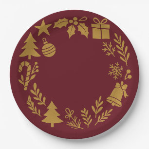 Burgundy Luxurious Gold Wreath Classic Christmas  Paper Plate