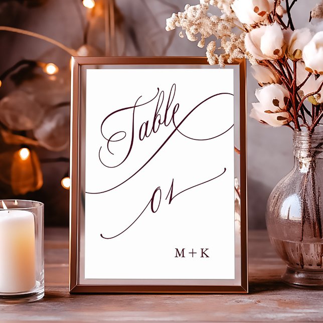 Burgundy Luxury Calligraphy Wedding Number 1, Table Number (Creator Uploaded)
