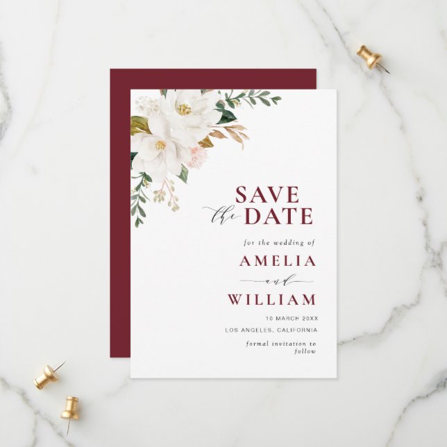 burgundy Magnolia floral Save the Date (Front/Back In Situ)