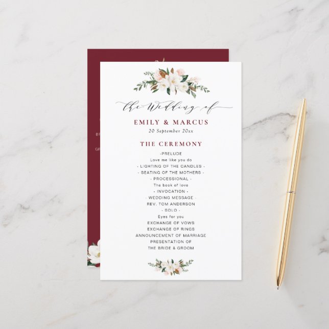 burgundy magnolia floral wedding program (Front/Back In Situ)