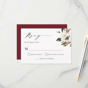burgundy magnolia floral wedding RSVP card