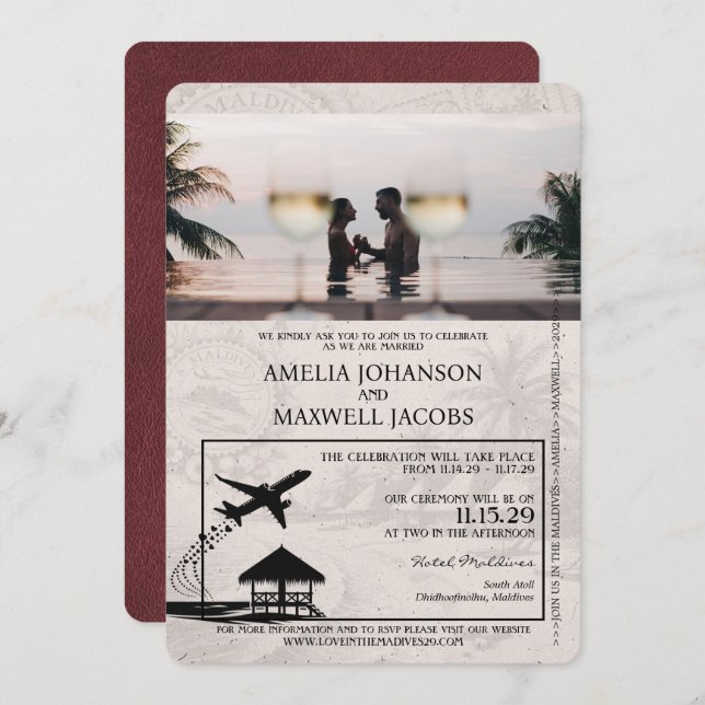 Burgundy Maldives Passport Wedding Invitation (Front/Back)