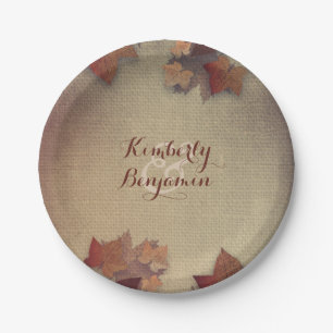 Burgundy Maple Leaves and Rustic Burlap Fall Paper Plate
