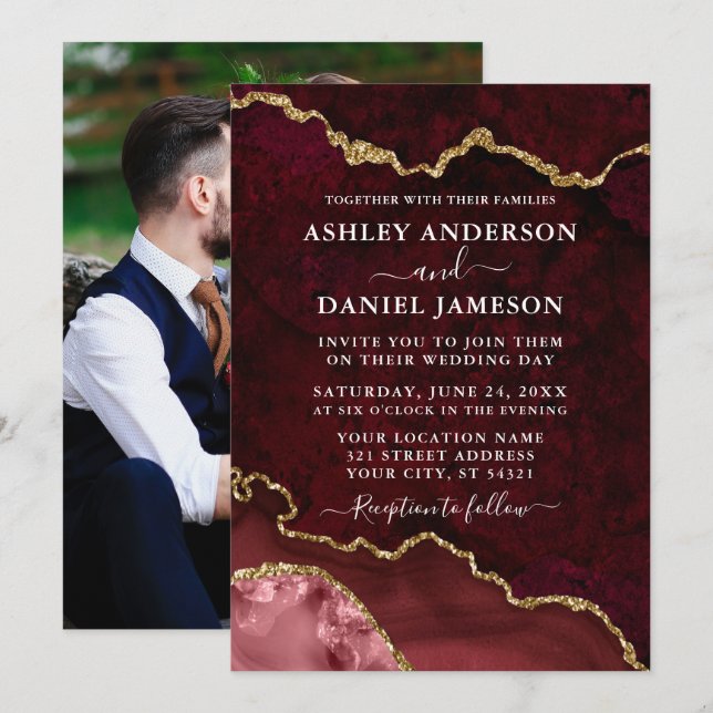 Burgundy Marble Agate Geode Photo Wedding  Invitation (Front/Back)