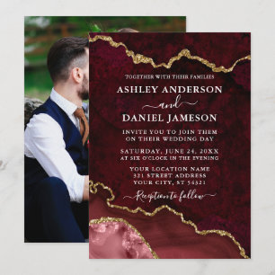 Burgundy Marble Agate Geode Photo Wedding  Invitation